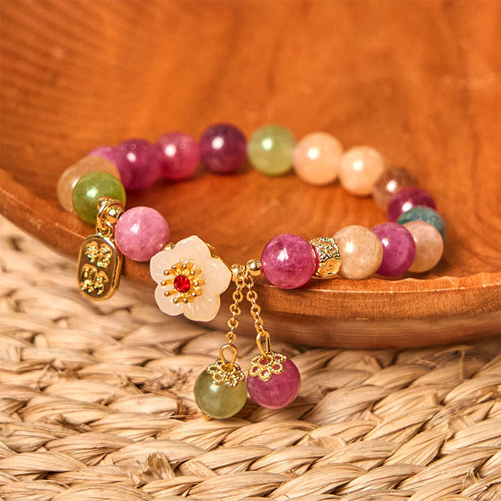Buddha Stones Natural Tourmaline Fu Character Flower Lucky Brand Bracelet