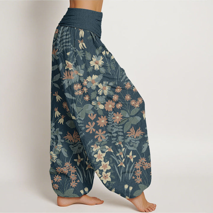 Buddha Stones Casual Daisy Flowers Leaves Design Women's Elastic Waist Harem Pants