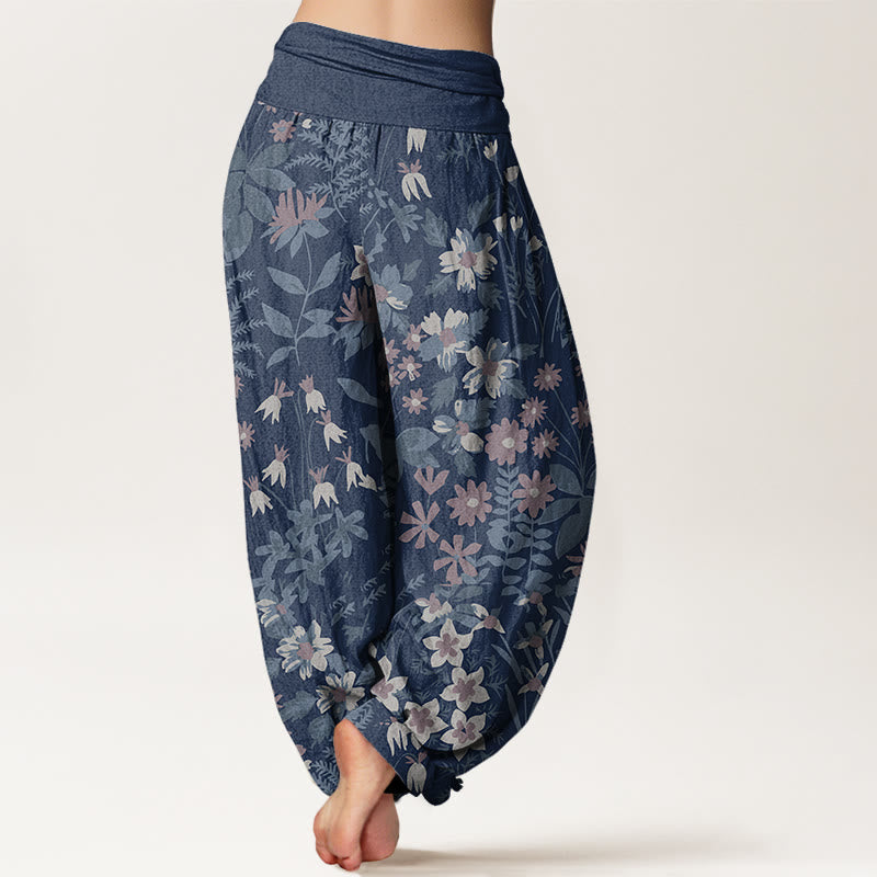 Buddha Stones Casual Daisy Flowers Leaves Design Women's Elastic Waist Harem Pants
