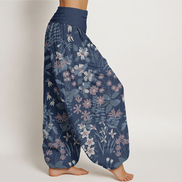Buddha Stones Casual Daisy Flowers Leaves Design Women's Elastic Waist Harem Pants