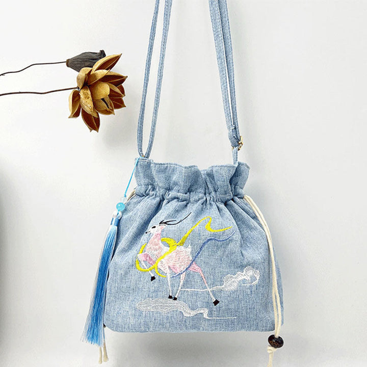 Buddha Stones Embroidered Light Blue Fairy Deer Auspicious Clouds Cotton Linen Crossbody Bag Shoulder Bag
