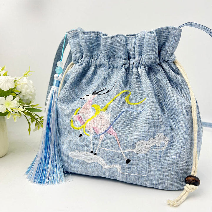 Buddha Stones Embroidered Light Blue Fairy Deer Auspicious Clouds Cotton Linen Crossbody Bag Shoulder Bag