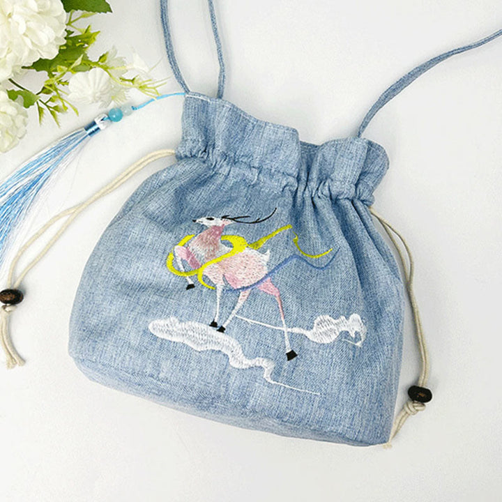 Buddha Stones Embroidered Light Blue Fairy Deer Auspicious Clouds Cotton Linen Crossbody Bag Shoulder Bag