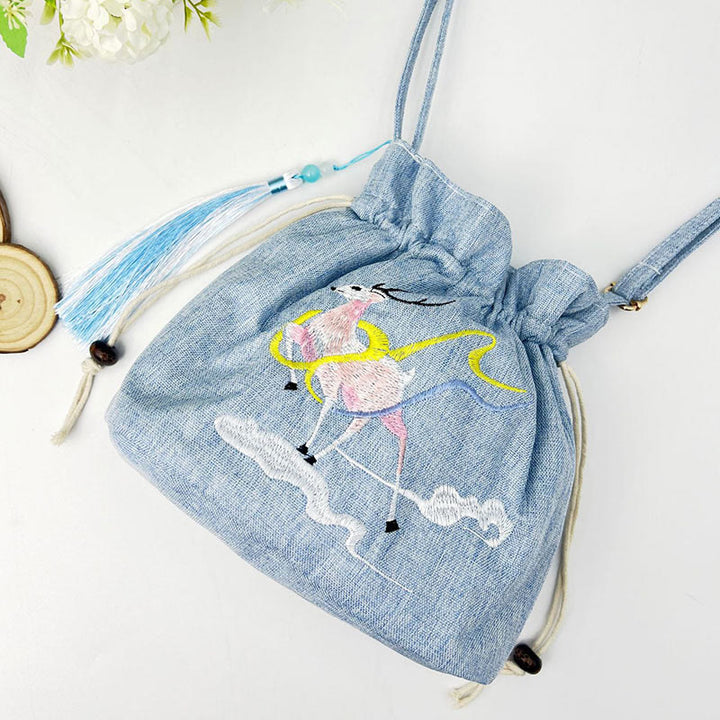 Buddha Stones Embroidered Light Blue Fairy Deer Auspicious Clouds Cotton Linen Crossbody Bag Shoulder Bag