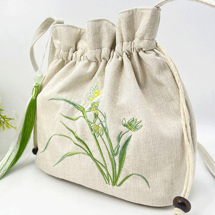 Buddha Stones Embroidered Beige Orchid Grass Cotton Linen Crossbody Bag Shoulder Bag