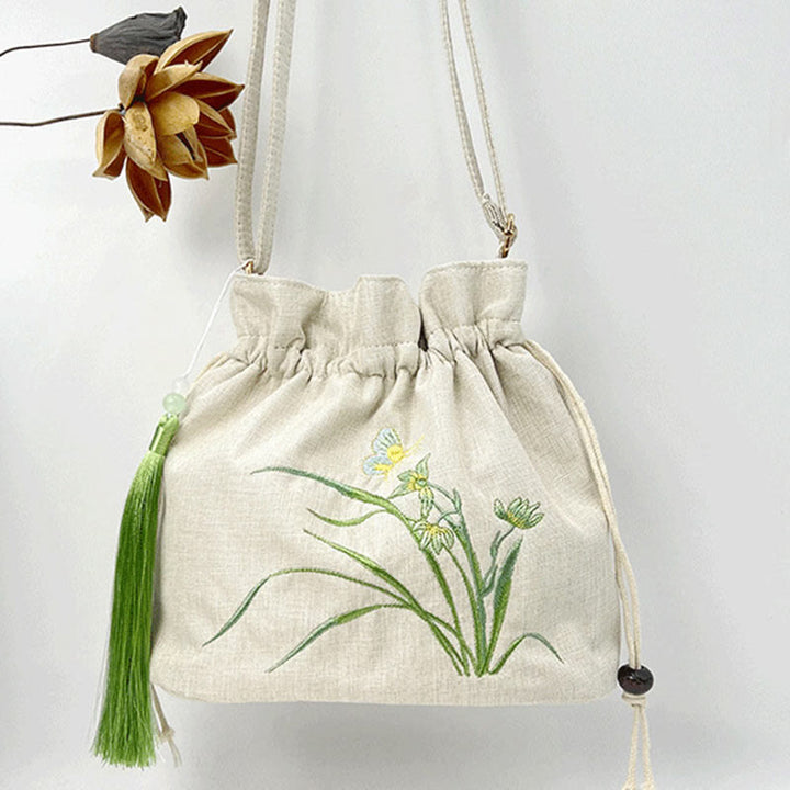 Buddha Stones Embroidered Beige Orchid Grass Cotton Linen Crossbody Bag Shoulder Bag