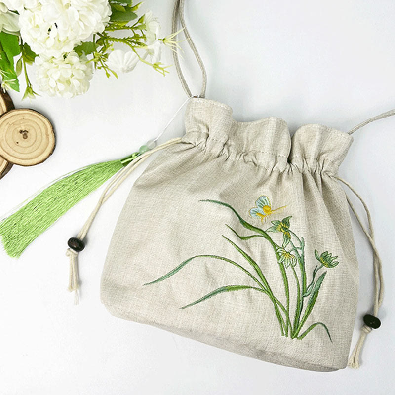 Buddha Stones Embroidered Beige Orchid Grass Cotton Linen Crossbody Bag Shoulder Bag