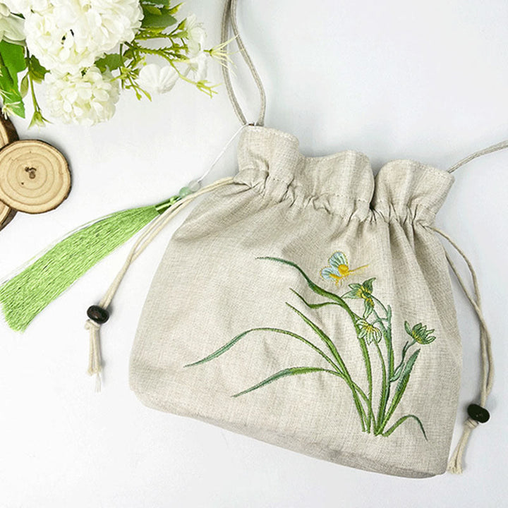 Buddha Stones Embroidered Beige Orchid Grass Cotton Linen Crossbody Bag Shoulder Bag