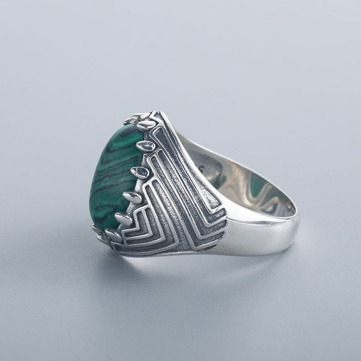 Buddha Stones Oval Vintage 925 Sterling Silver Malachite Bead Calmness Ring