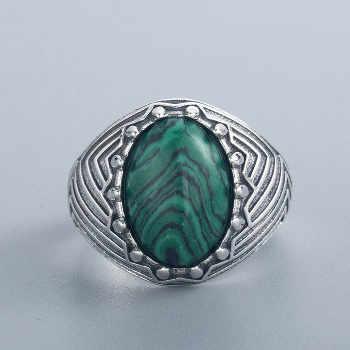 Buddha Stones Oval Vintage 925 Sterling Silver Malachite Bead Calmness Ring