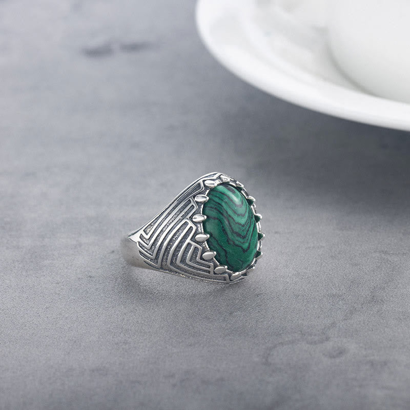 Buddha Stones Oval Vintage 925 Sterling Silver Malachite Bead Calmness Ring
