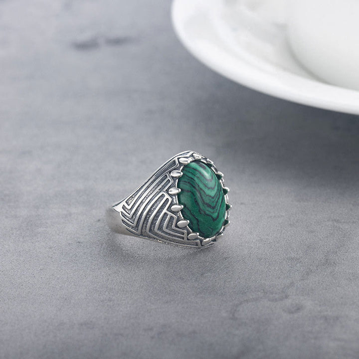 Buddha Stones Oval Vintage 925 Sterling Silver Malachite Bead Calmness Ring