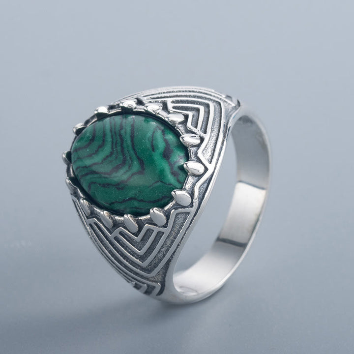 Buddha Stones Oval Vintage 925 Sterling Silver Malachite Bead Calmness Ring