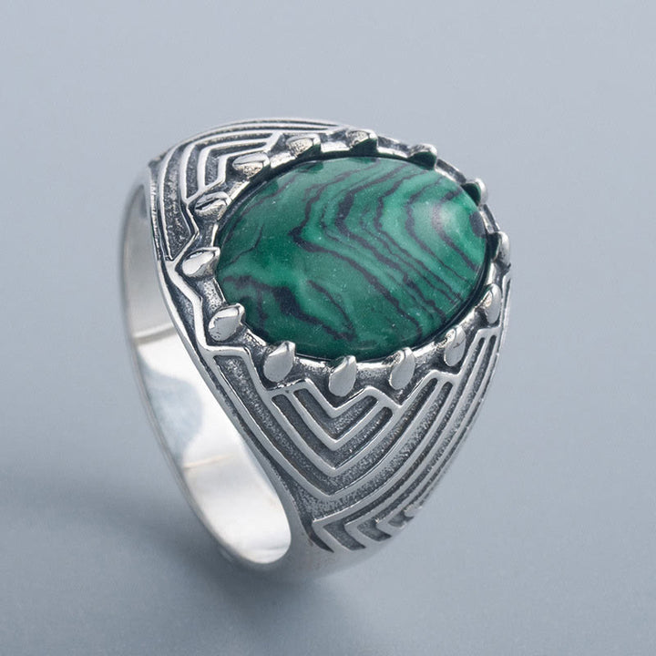 Buddha Stones Oval Vintage 925 Sterling Silver Malachite Bead Calmness Ring