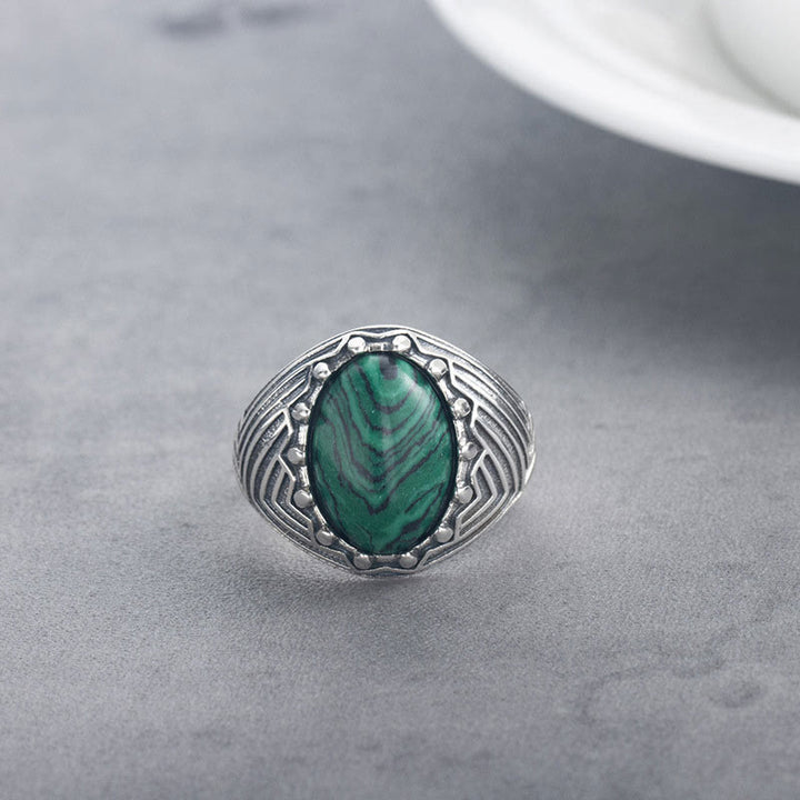 Buddha Stones Oval Vintage 925 Sterling Silver Malachite Bead Calmness Ring