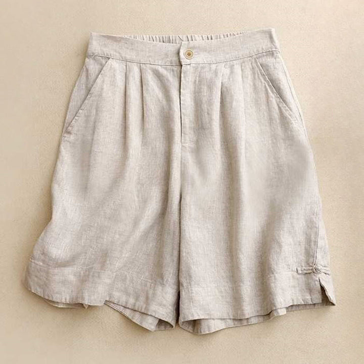 Buddha Stones Summer Casual Solid Color Zipper Button Acrylic Fiber Frog Button Women's Shorts With Pockets