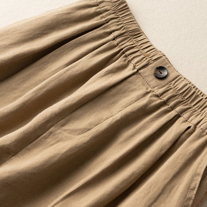 Buddha Stones Summer Casual Plain Zipper Button Cotton Linen Women's Shorts With Pockets
