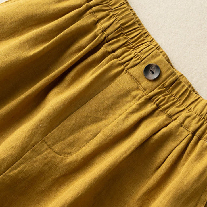 Buddha Stones Summer Casual Plain Zipper Button Cotton Linen Women's Shorts With Pockets