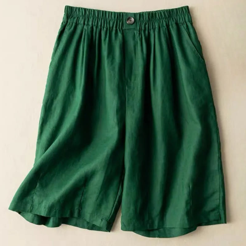 Buddha Stones Summer Casual Plain Zipper Button Cotton Linen Women's Shorts With Pockets