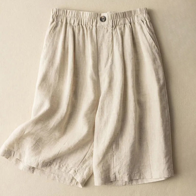 Buddha Stones Summer Casual Plain Zipper Button Cotton Linen Women's Shorts With Pockets