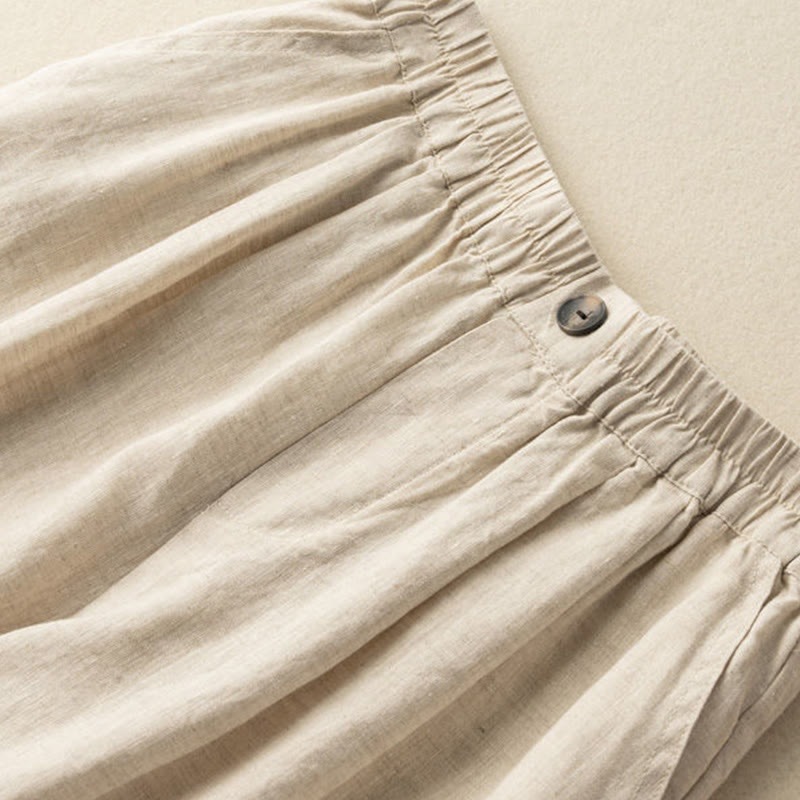 Buddha Stones Summer Casual Plain Zipper Button Cotton Linen Women's Shorts With Pockets