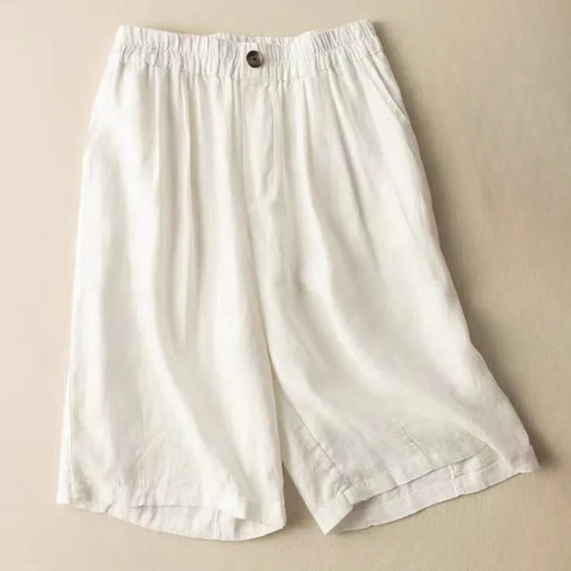 Buddha Stones Summer Casual Plain Zipper Button Cotton Linen Women's Shorts With Pockets