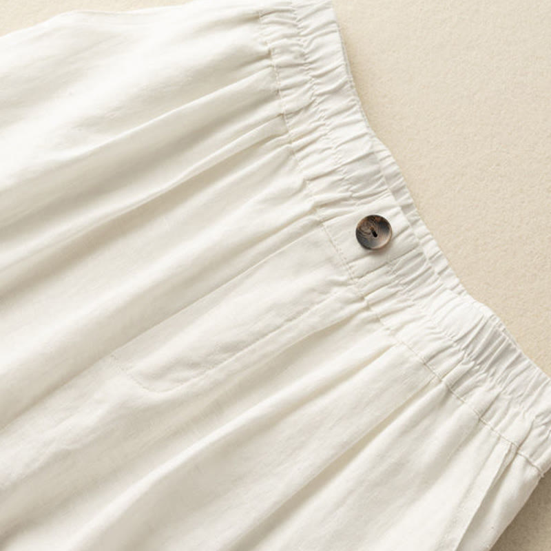 Buddha Stones Summer Casual Plain Zipper Button Cotton Linen Women's Shorts With Pockets