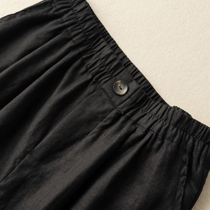Buddha Stones Summer Casual Plain Zipper Button Cotton Linen Women's Shorts With Pockets