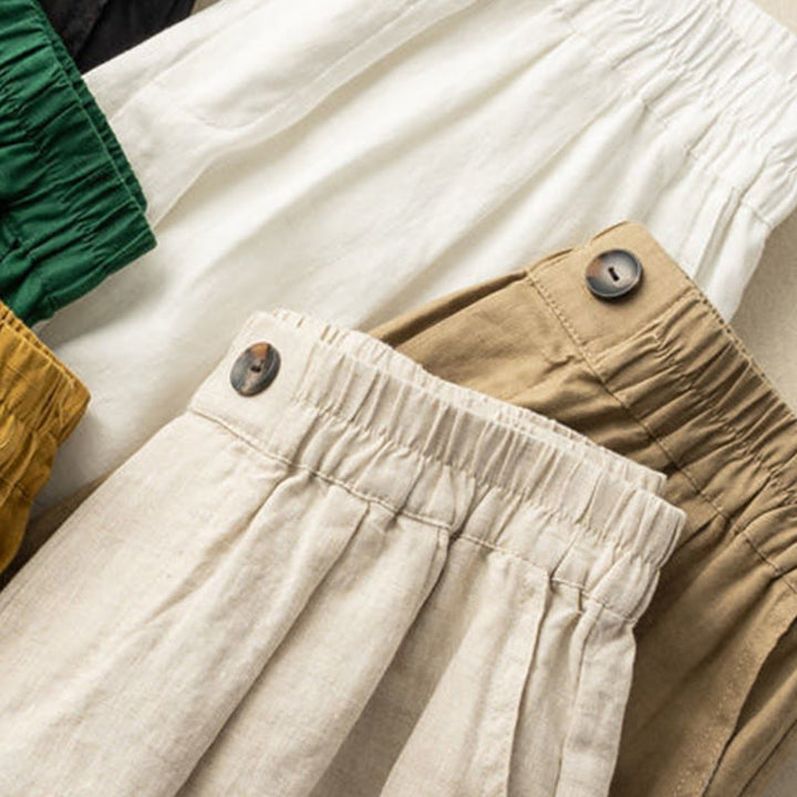 Buddha Stones Summer Casual Plain Zipper Button Cotton Linen Women's Shorts With Pockets