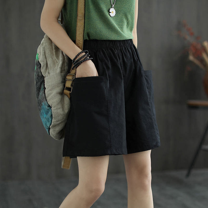Buddha Stones Summer Casual Plain Straight Overalls Cotton Women's Shorts With Pockets