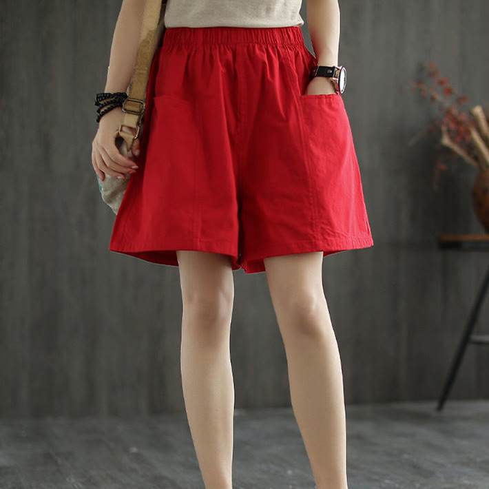 Buddha Stones Summer Casual Plain Straight Overalls Cotton Women's Shorts With Pockets