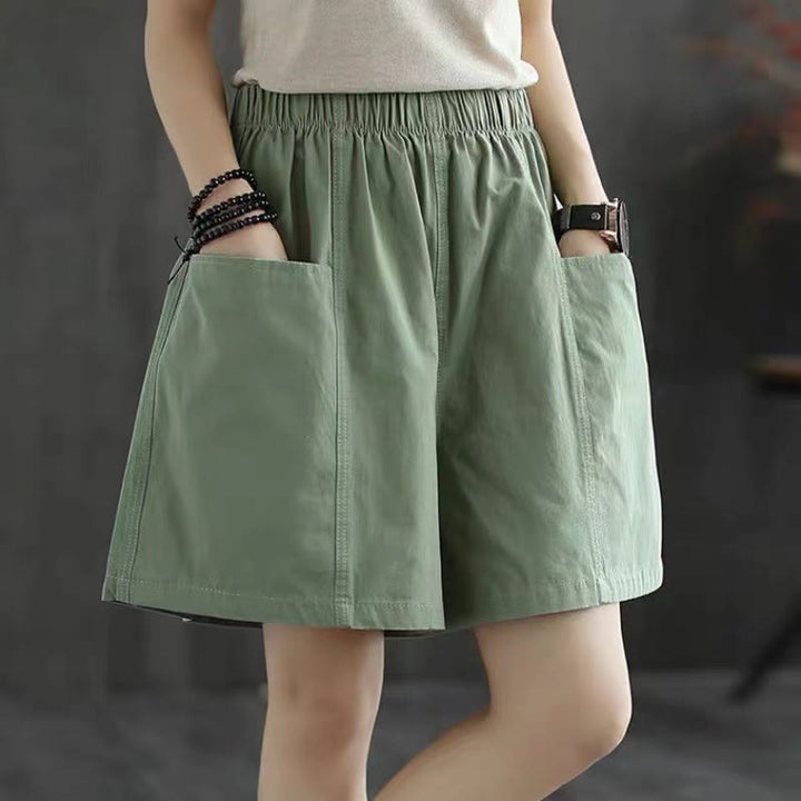 Buddha Stones Summer Casual Plain Straight Overalls Cotton Women's Shorts With Pockets