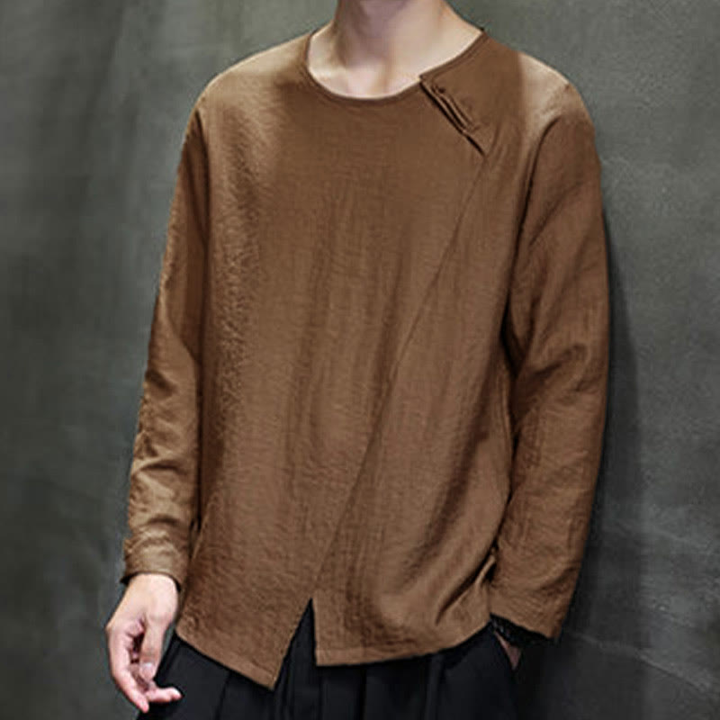 Buddha Stones Solid Color Loose Long Sleeve Round Neck Cotton Men's Shirts - image 42