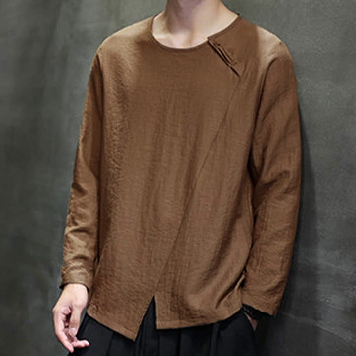 Buddha Stones Solid Color Loose Long Sleeve Round Neck Cotton Men's Shirts - image 42