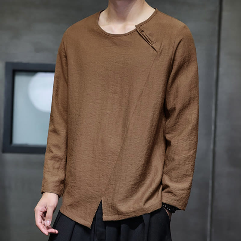 Buddha Stones Solid Color Loose Long Sleeve Round Neck Cotton Men's Shirts - image 38