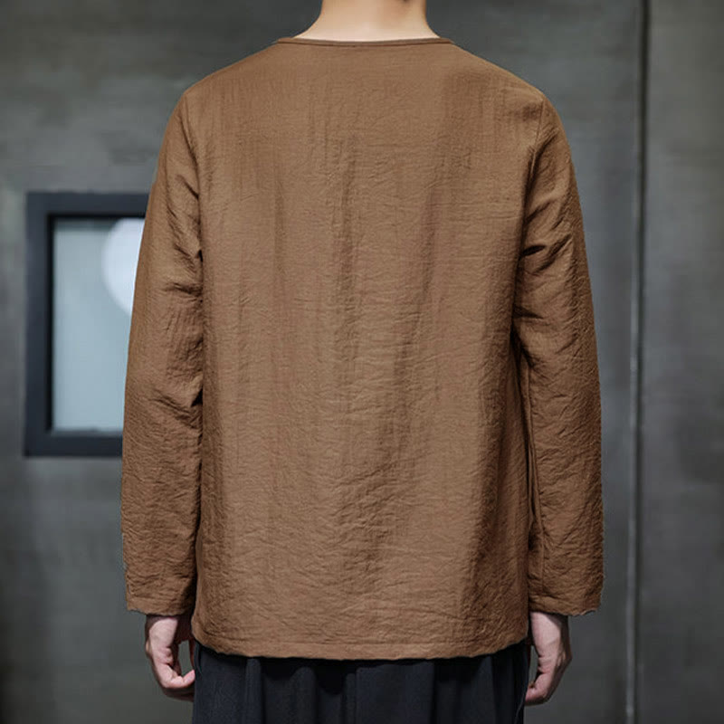Buddha Stones Solid Color Loose Long Sleeve Round Neck Cotton Men's Shirts - image 36