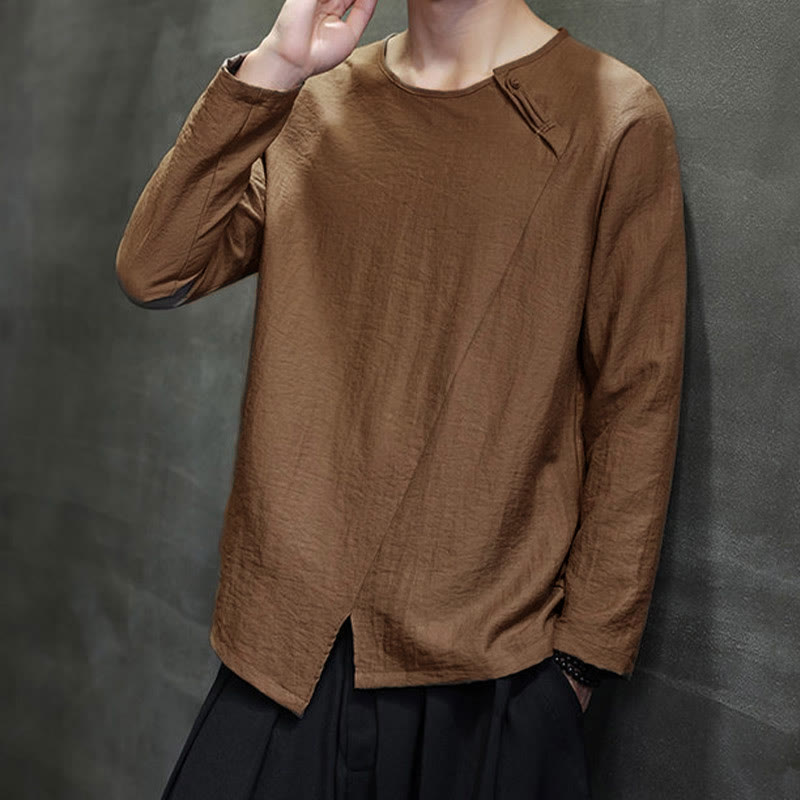 Buddha Stones Solid Color Loose Long Sleeve Round Neck Cotton Men's Shirts - image 40