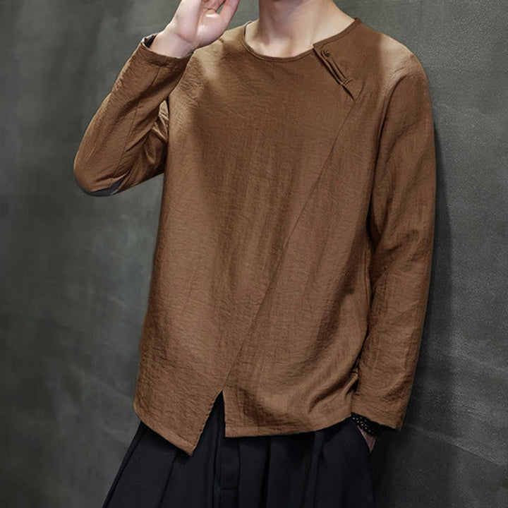 Buddha Stones Solid Color Loose Long Sleeve Round Neck Cotton Men's Shirts - image 40