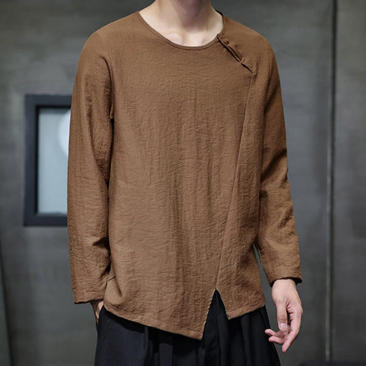 Buddha Stones Solid Color Loose Long Sleeve Round Neck Cotton Men's Shirts - image 37