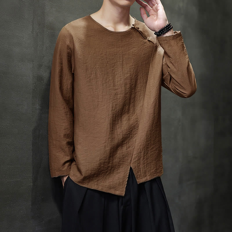 Buddha Stones Solid Color Loose Long Sleeve Round Neck Cotton Men's Shirts - image 41