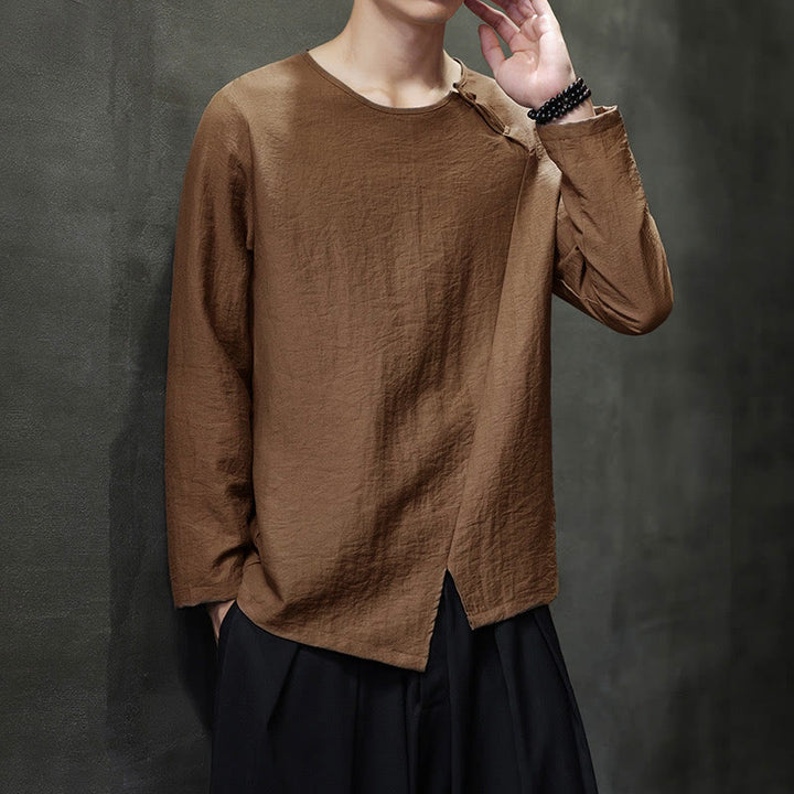 Buddha Stones Solid Color Loose Long Sleeve Round Neck Cotton Men's Shirts - image 41