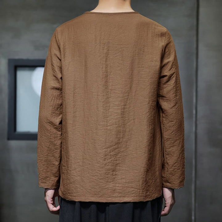 Buddha Stones Solid Color Loose Long Sleeve Round Neck Cotton Men's Shirts - image 35