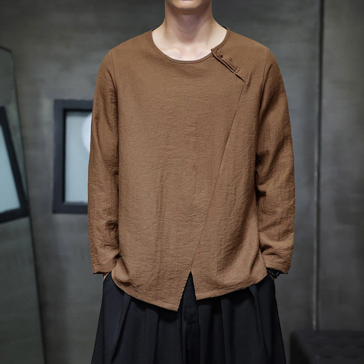 Buddha Stones Solid Color Loose Long Sleeve Round Neck Cotton Men's Shirts - Peru - US/UK/AU44，EU54 (5XL) - image 34