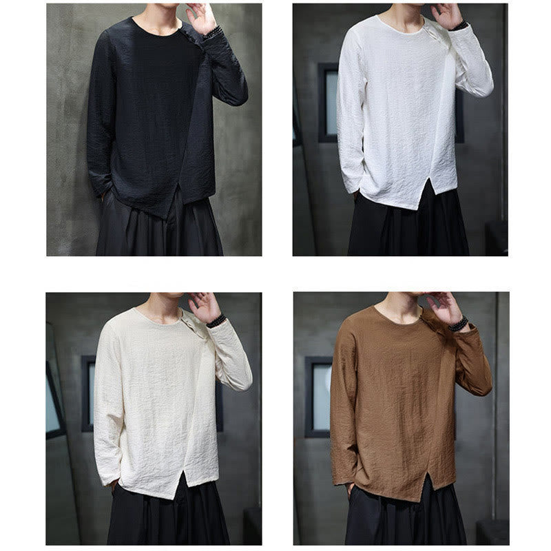 Buddha Stones Solid Color Loose Long Sleeve Round Neck Cotton Men's Shirts - image 43