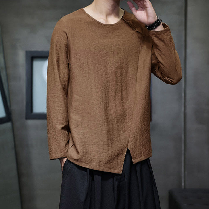 Buddha Stones Solid Color Loose Long Sleeve Round Neck Cotton Men's Shirts - image 39
