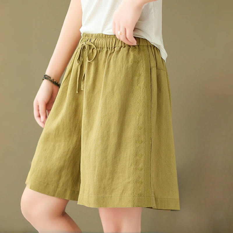 Buddha Stones Summer Casual Embroidery Pattern Cotton Linen Women's Shorts With Pockets