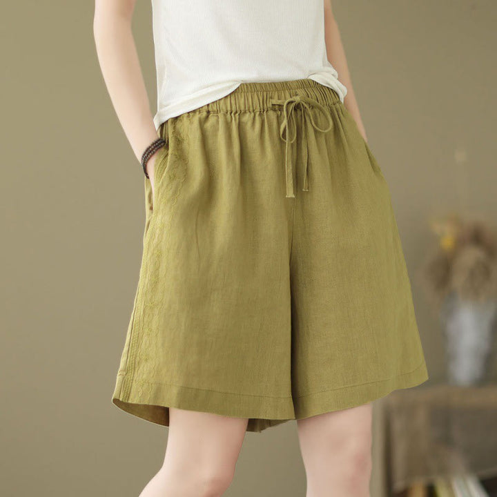 Buddha Stones Summer Casual Embroidery Pattern Cotton Linen Women's Shorts With Pockets