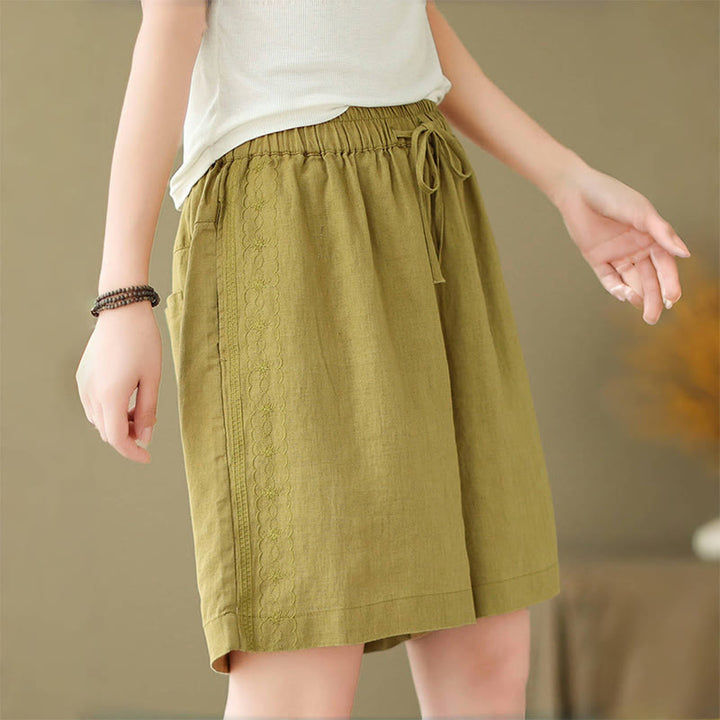 Buddha Stones Summer Casual Embroidery Pattern Cotton Linen Women's Shorts With Pockets