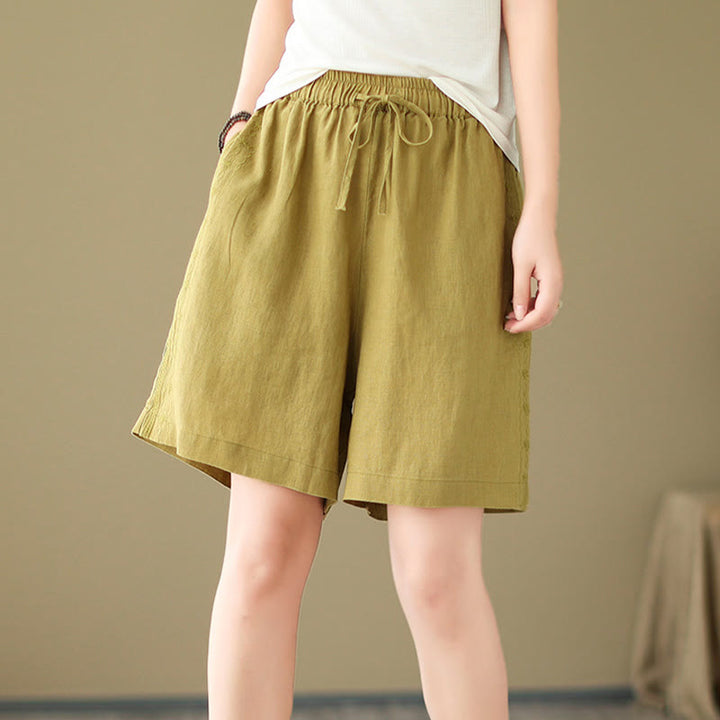 Buddha Stones Summer Casual Embroidery Pattern Cotton Linen Women's Shorts With Pockets