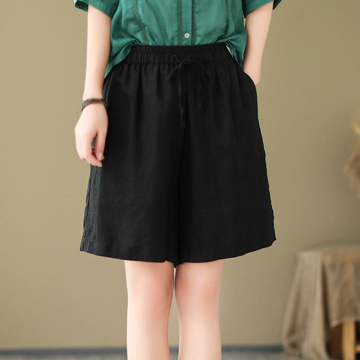Buddha Stones Summer Casual Embroidery Pattern Cotton Linen Women's Shorts With Pockets